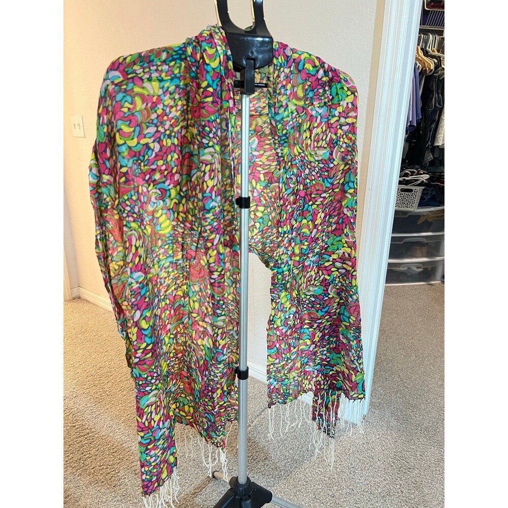 Multicolor Stained Glass Mosaic Scarf with White Fringe - Picture 3 of 8